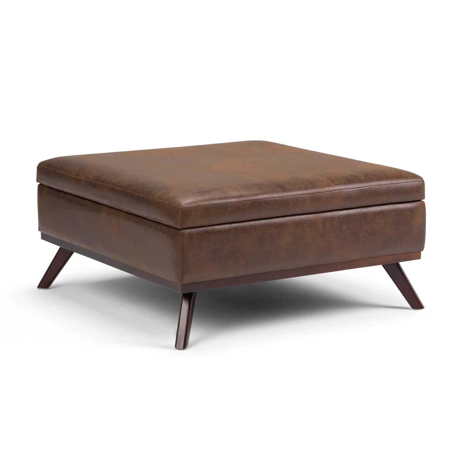Owen square coffee table storage ottoman in distressed chestnut brown leather with angled legs on Tampa Home & Garden Store