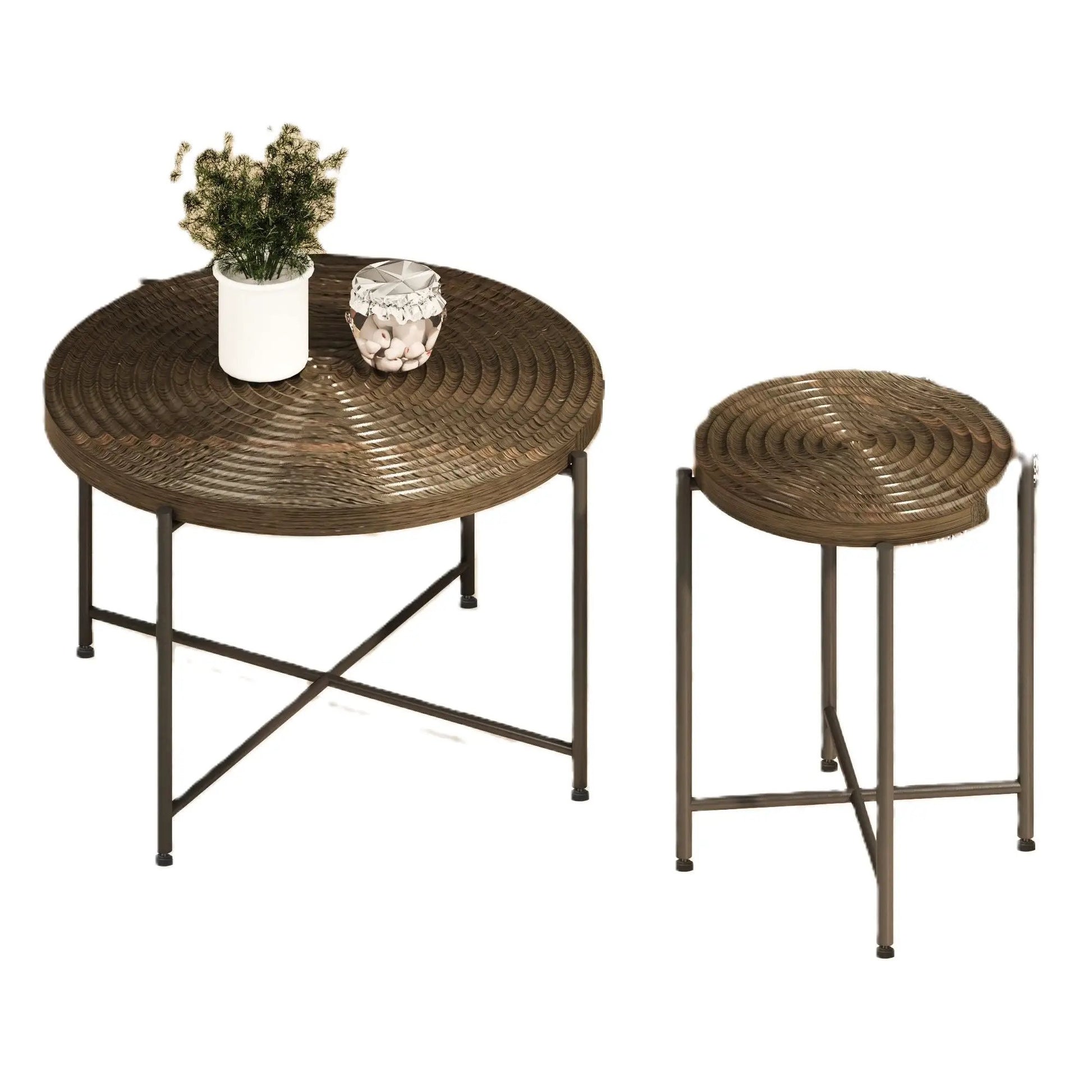 Two round wicker coffee and end tables with dark metal legs on Tampa Home & Garden Store