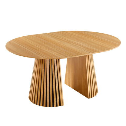 HouseOfZazla oak round extendable dining table with mid-century slatted pedestal base on Tampa Home & Garden Store