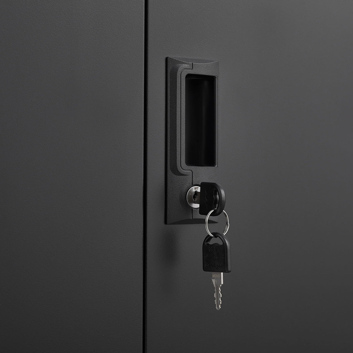 Metal storage cabinet with locking doors and adjustable shelf in black finish with padlock on Tampa Home & Garden Store