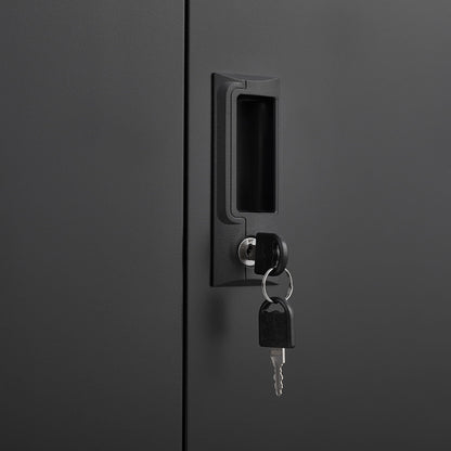 Metal storage cabinet with locking doors and adjustable shelf in black finish with padlock on Tampa Home & Garden Store