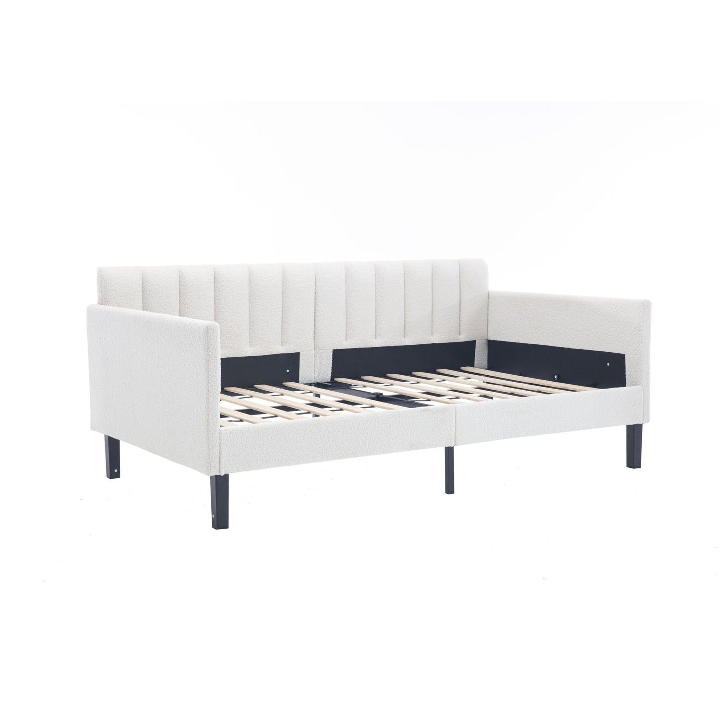 Elena Boucle Upholstered Daybed with ribbed tufted backrest in white and black metal legs on Tampa Home & Garden Store