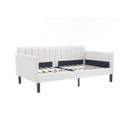 Elena Boucle Upholstered Daybed with ribbed tufted backrest in white and black metal legs on Tampa Home & Garden Store