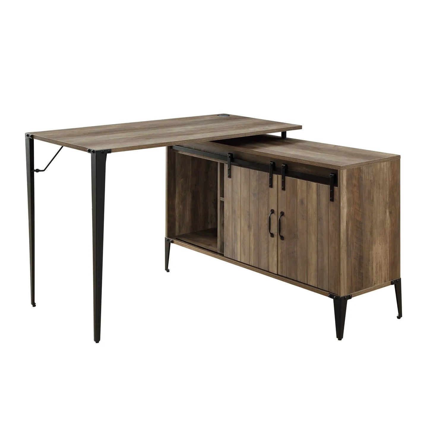 Zakwani Wood Writing Desk with metal legs and attached barn-style cabinet on Tampa Home & Garden Store