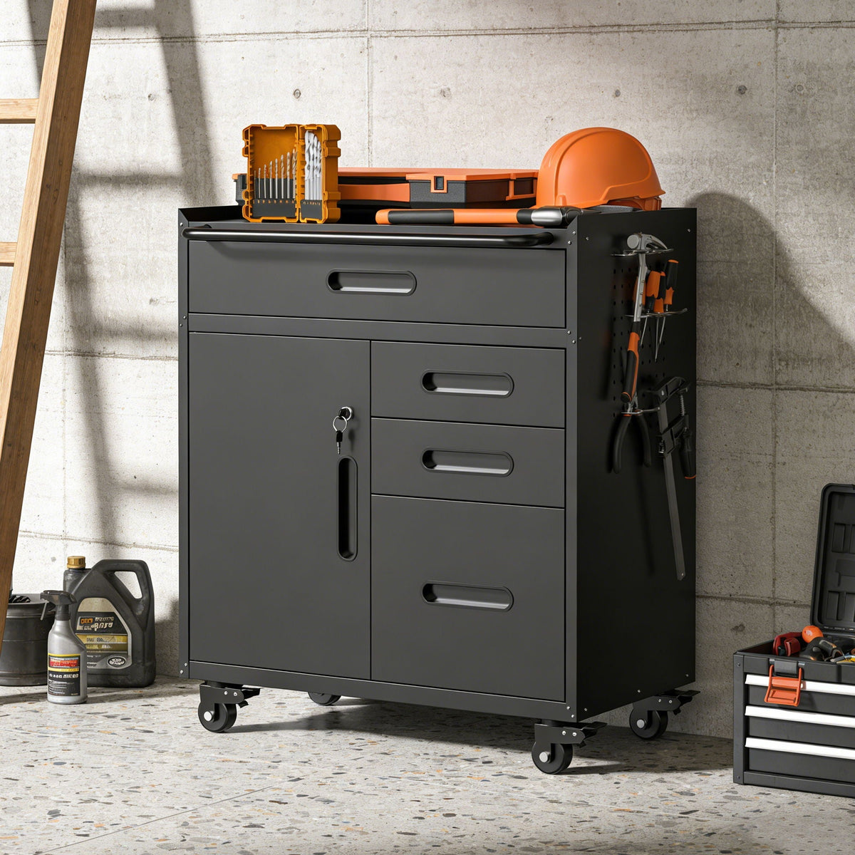 HouseOfZazla rolling tool cabinet gray garage storage with lockable doors on wheels on Tampa Home & Garden Store