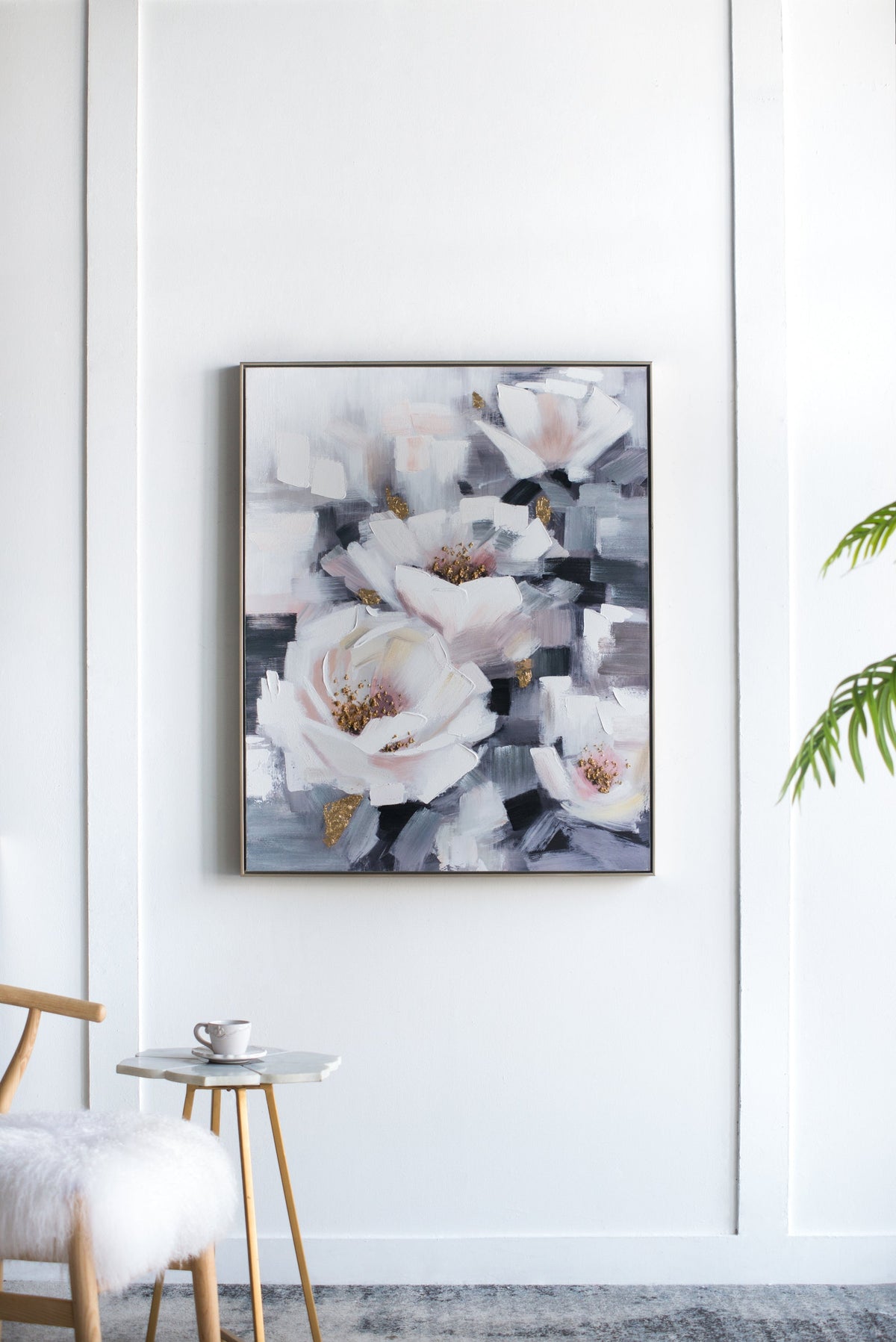 Sarah Framed Floral Wall Art hand-painted canvas in muted blue pink tones with gold accents on Tampa Home & Garden Store