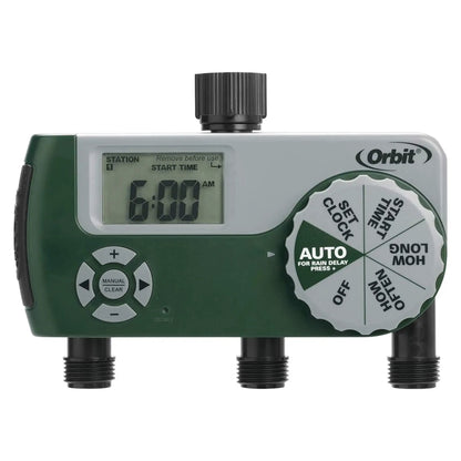 Three-outlet hose timer with digital display by Orbit Irrigation, green and gray lawn timer on Tampa Home & Garden Store