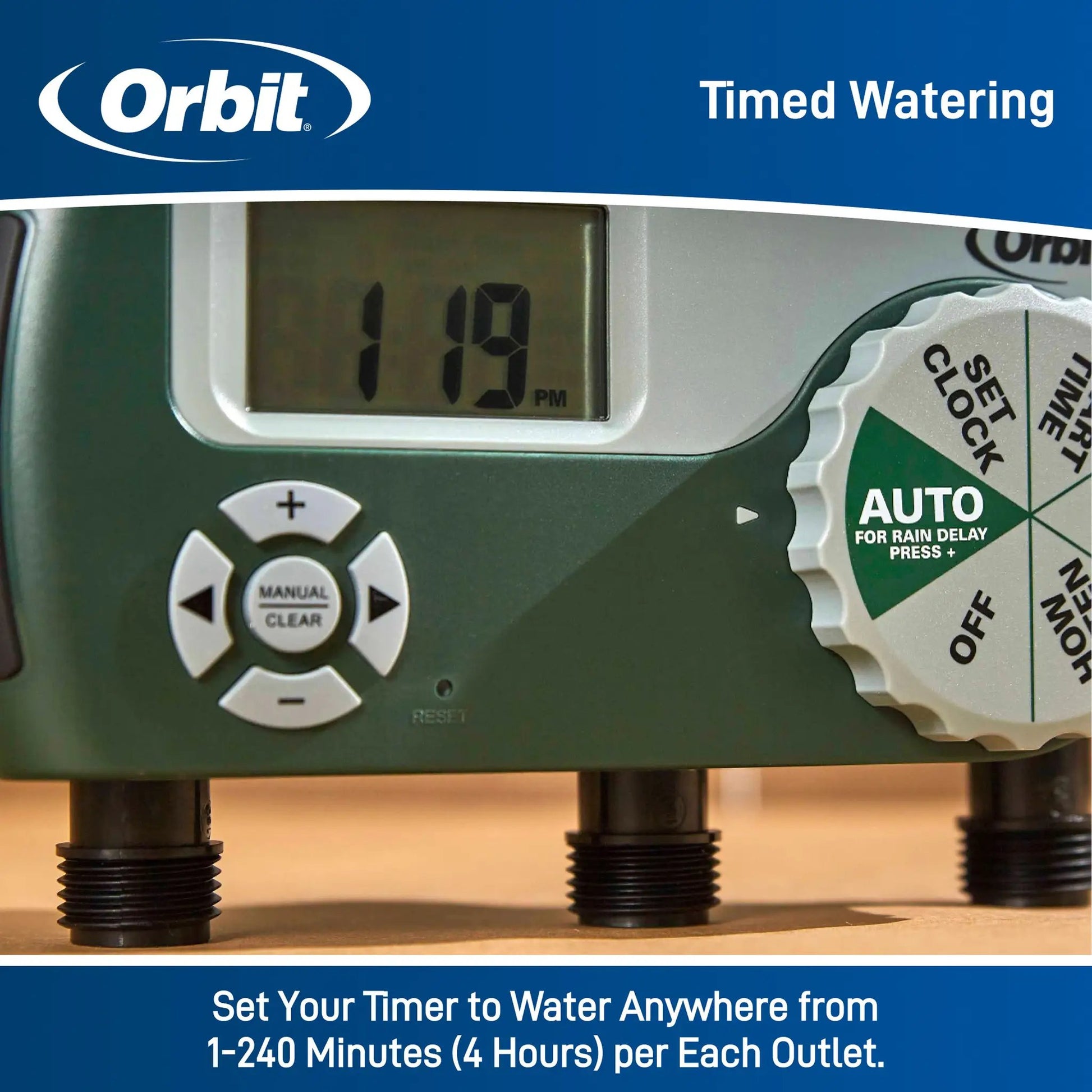Three Outlet Hose Timer with Digital Display by Orbit Irrigation; three hose outlets on Tampa Home & Garden Store