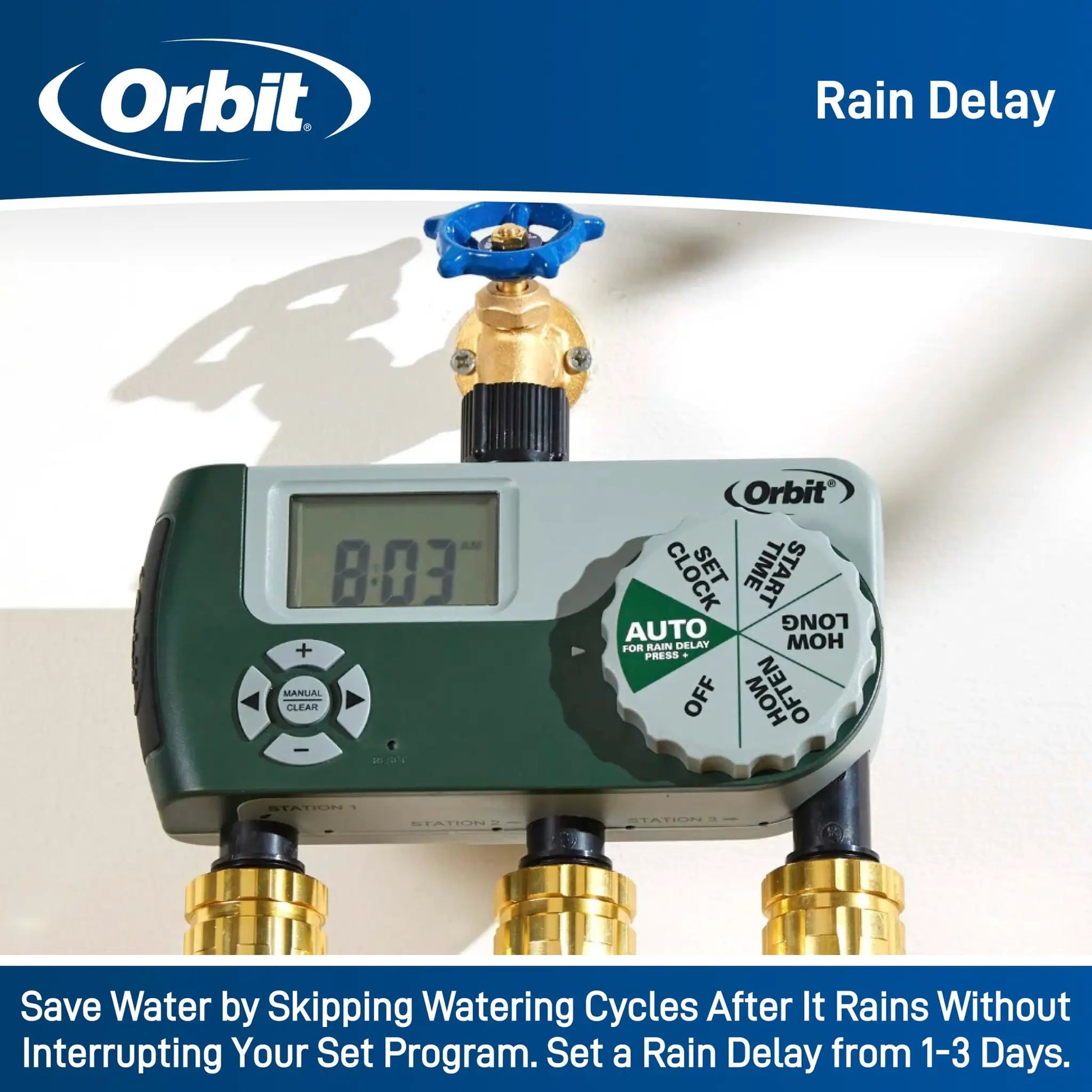Three Outlet Hose Timer with Digital Display Orbit Irrigation, blue knob brass fittings on Tampa Home & Garden Store