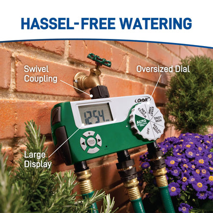 Three Outlet Hose Timer with Digital Display by Orbit Irrigation, green and white unit on Tampa Home & Garden Store
