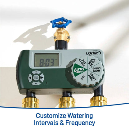 Three Outlet Hose Timer with Digital Display Orbit Irrigation blue valve handle brass fittings on Tampa Home & Garden Store