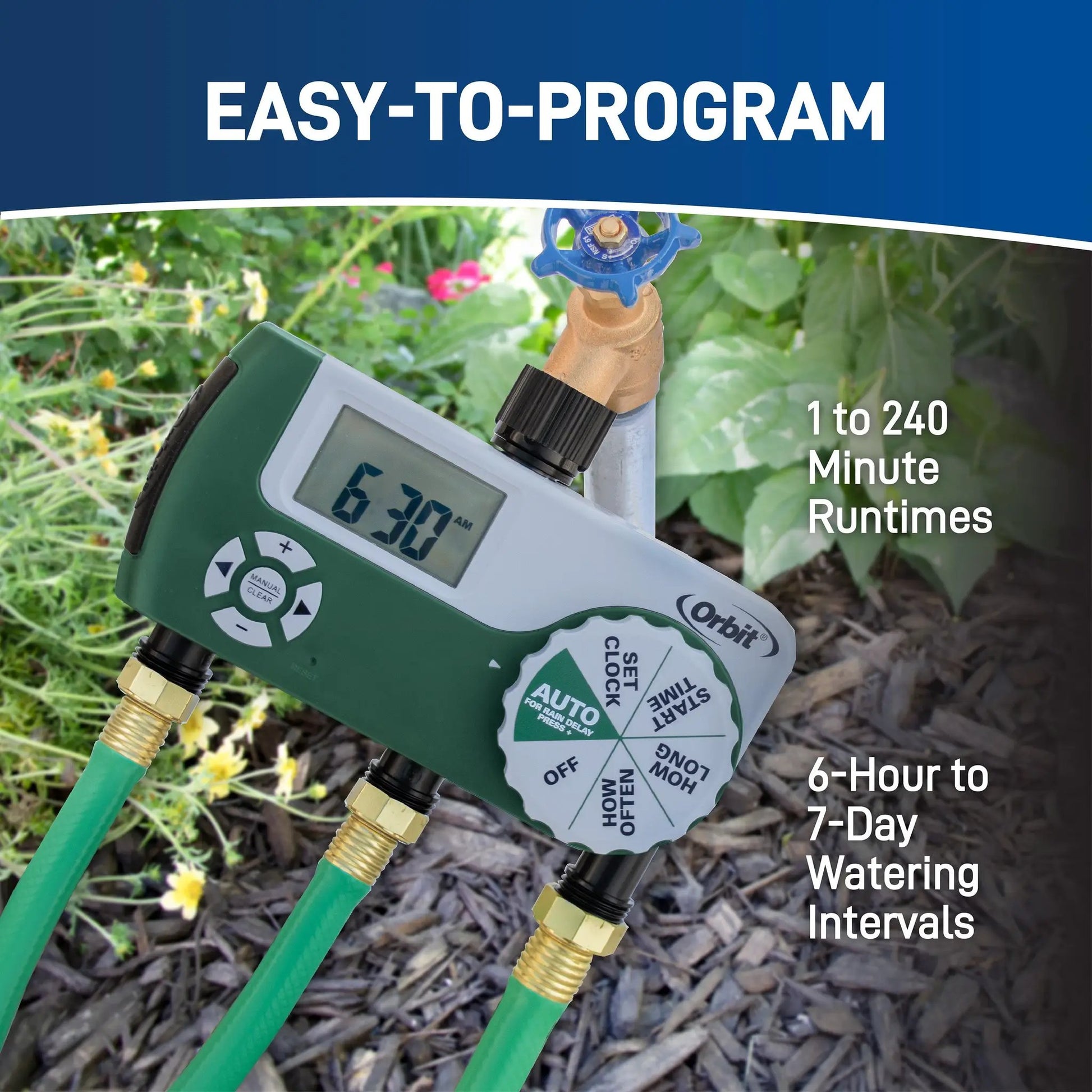 Three-outlet hose timer with digital display by Orbit Irrigation, green unit connected to three hoses on Tampa Home & Garden Store
