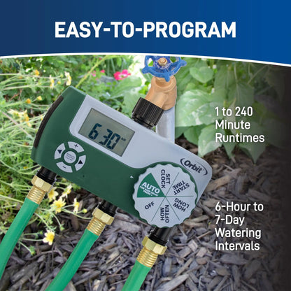 Three-outlet hose timer with digital display by Orbit Irrigation, green unit connected to three hoses on Tampa Home & Garden Store