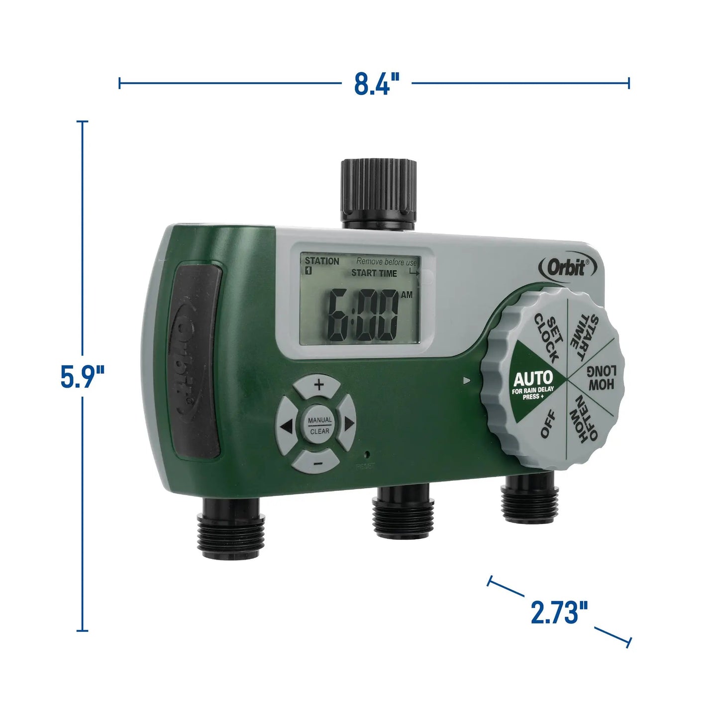 3-outlet hose timer with digital display Orbit Irrigation green-gray body 3 hose adapters on Tampa Home & Garden Store