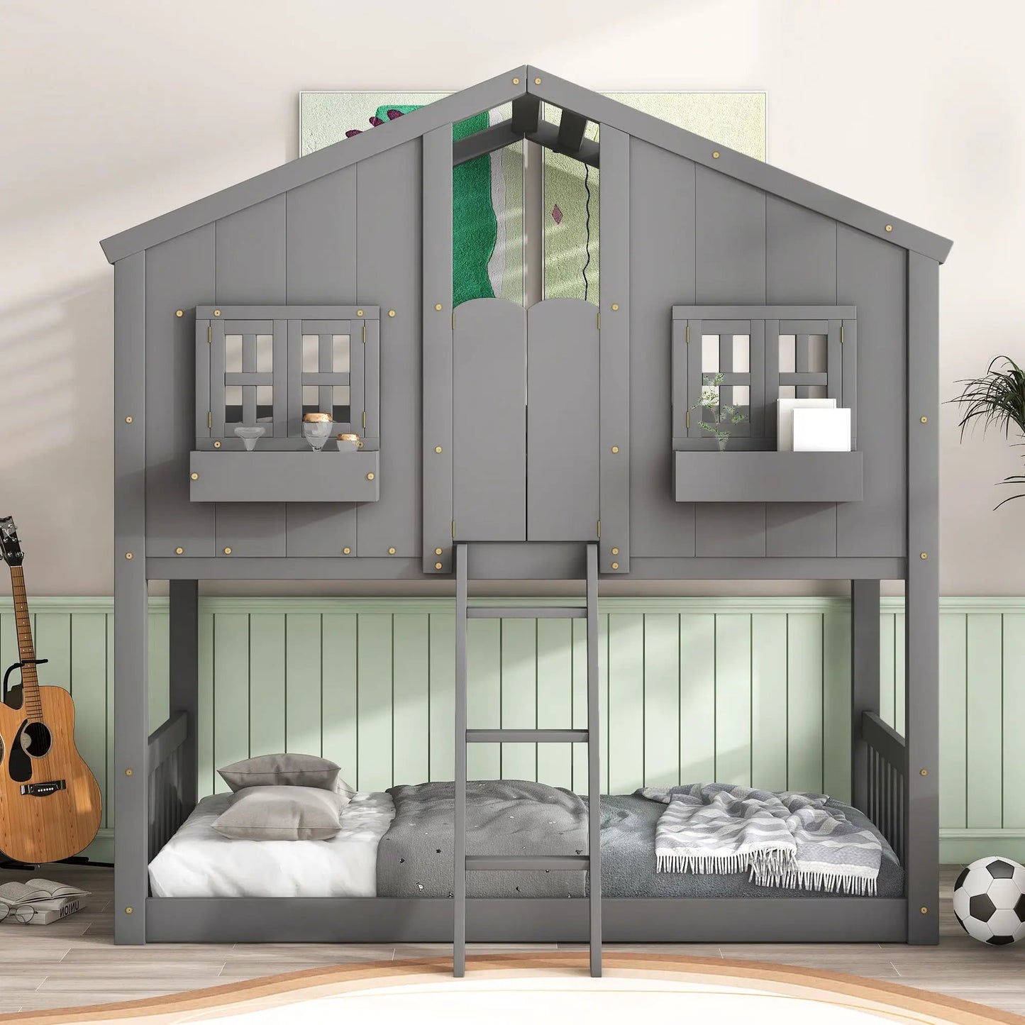 House bunk bed in gray with roof, window box and door by Unique Piece Furniture with ladder on Tampa Home & Garden Store