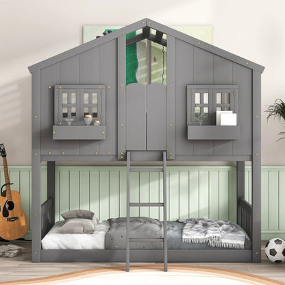 House bunk bed in gray with roof, window box and door by Unique Piece Furniture with ladder on Tampa Home & Garden Store