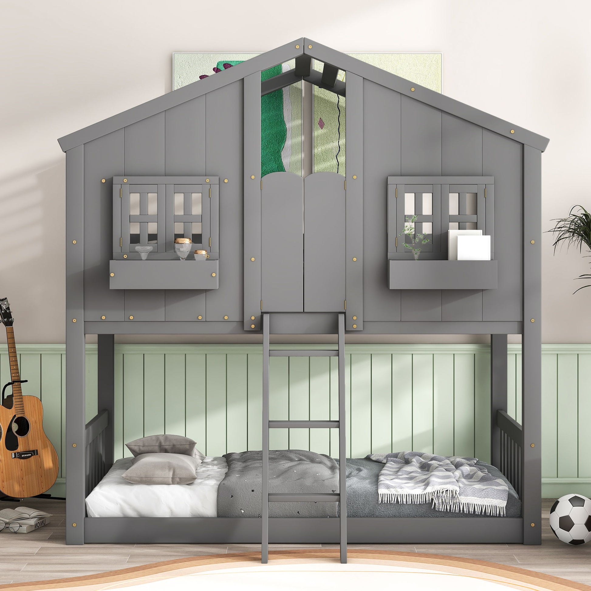 House bunk bed with roof and window, gray finish, ladder by HouseOfZazla on Tampa Home & Garden Store