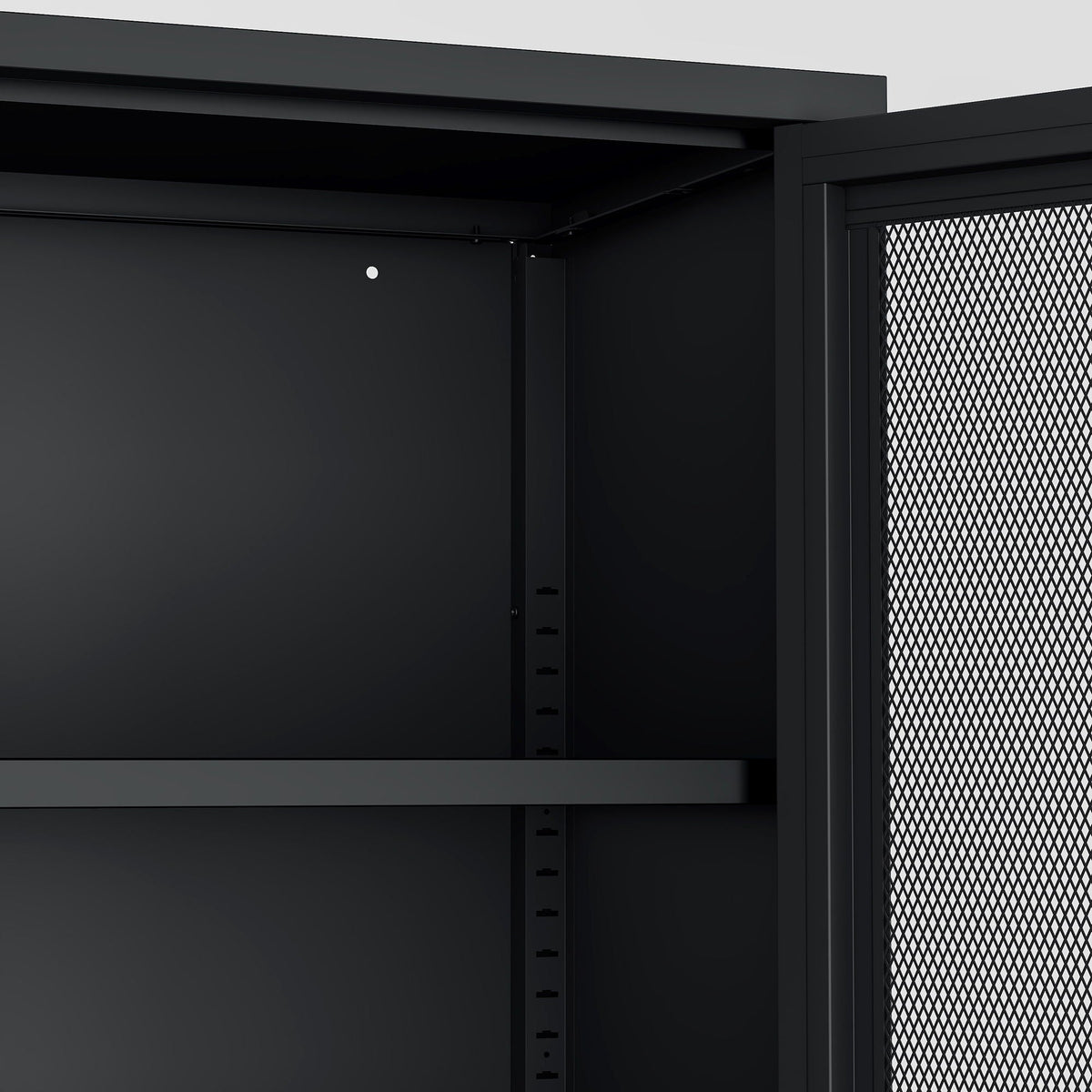 Metal accent cabinet interior in black with adjustable shelves and mesh panel door on Tampa Home & Garden Store