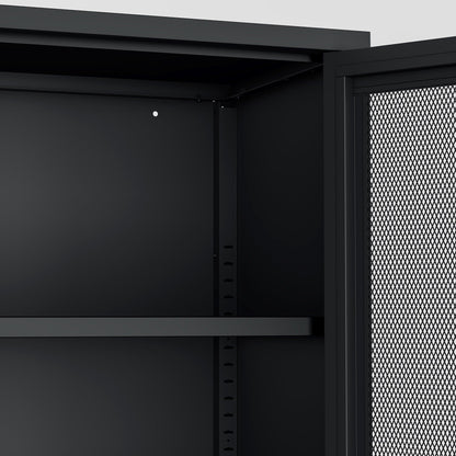 Metal accent cabinet interior in black with adjustable shelves and mesh panel door on Tampa Home & Garden Store