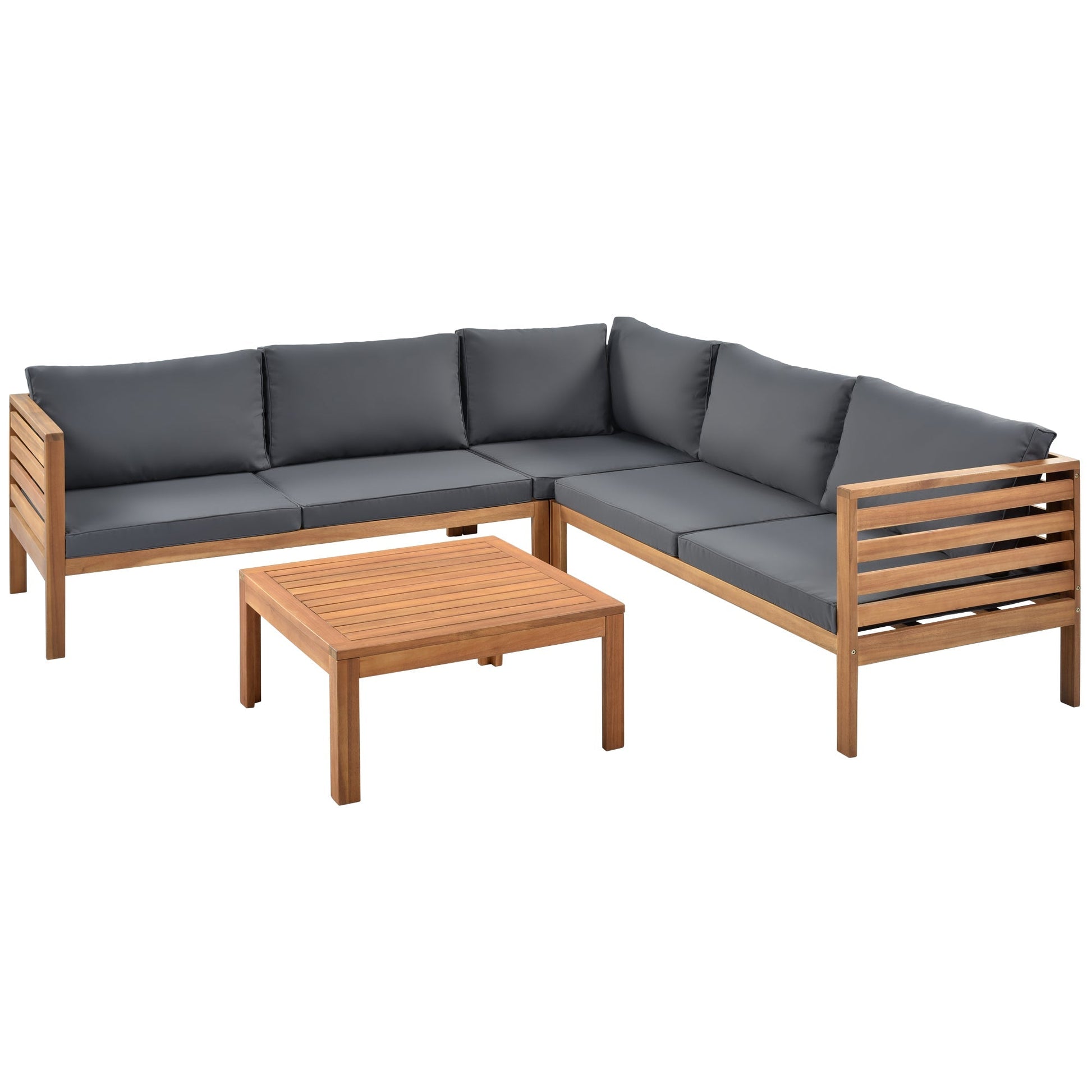 Wood Structure Outdoor Sofa Set with Gray Cushions, wooden frame, 2 coffee tables on Tampa Home & Garden Store