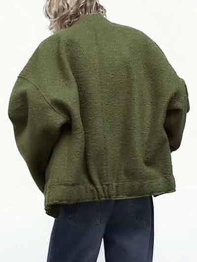 Autumn casual full-size drop-shoulder jacket olive green fleece back view with pockets Stevvex on Tampa Home & Garden Store
