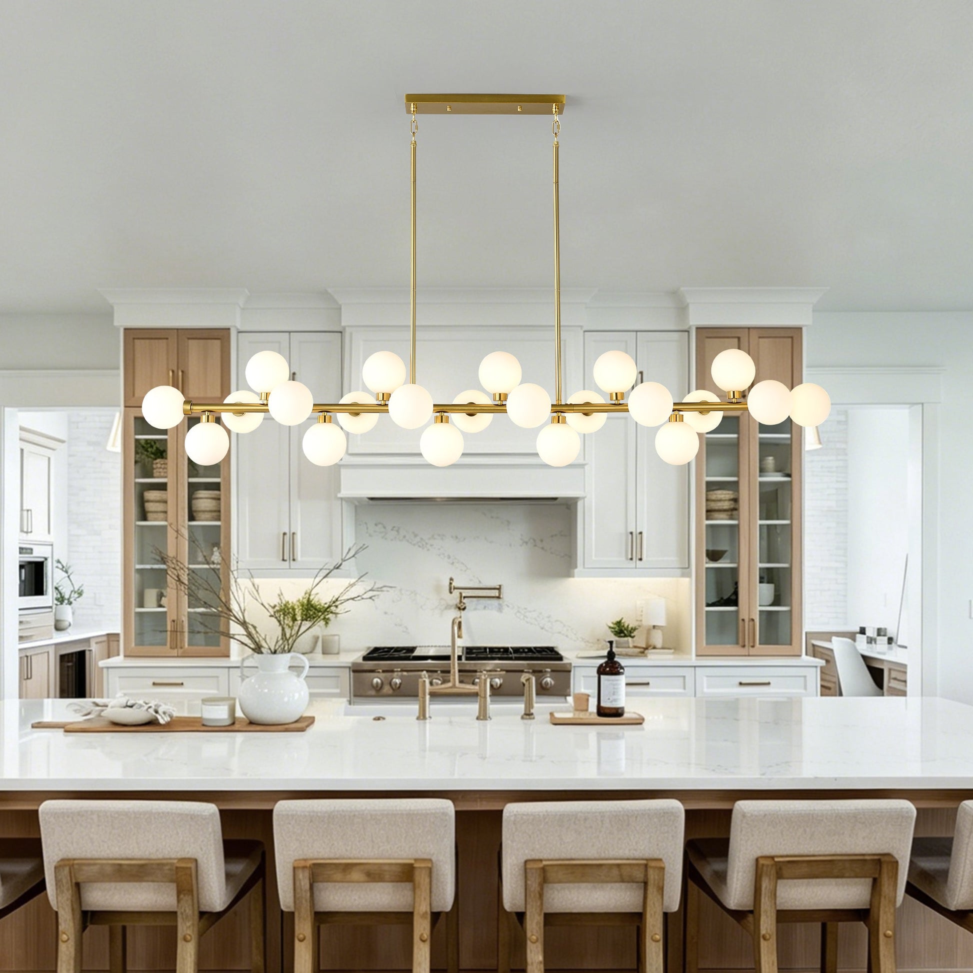 75.6'' large pendant lamp with opal glass shades in brass gold finish over a kitchen island on Tampa Home & Garden Store