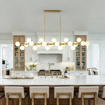 75.6'' large pendant lamp with opal glass shades in brass gold finish over a kitchen island on Tampa Home & Garden Store