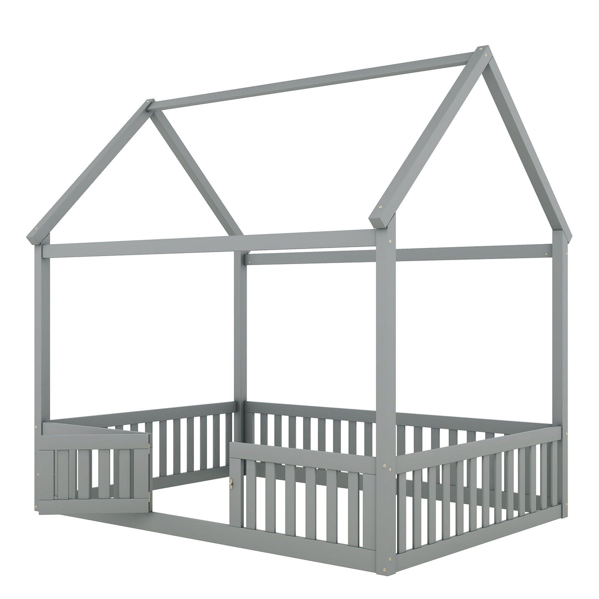Wood House Bed with Fence and Door by HouseOfZazla, gray wooden platform bed frame on Tampa Home & Garden Store