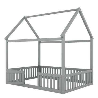 Wood House Bed with Fence and Door by HouseOfZazla, gray wooden platform bed frame on Tampa Home & Garden Store