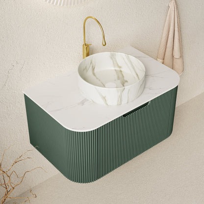 Modern Bath Vanity with ceramic basin and gold faucet, green ribbed cabinet on Tampa Home & Garden Store