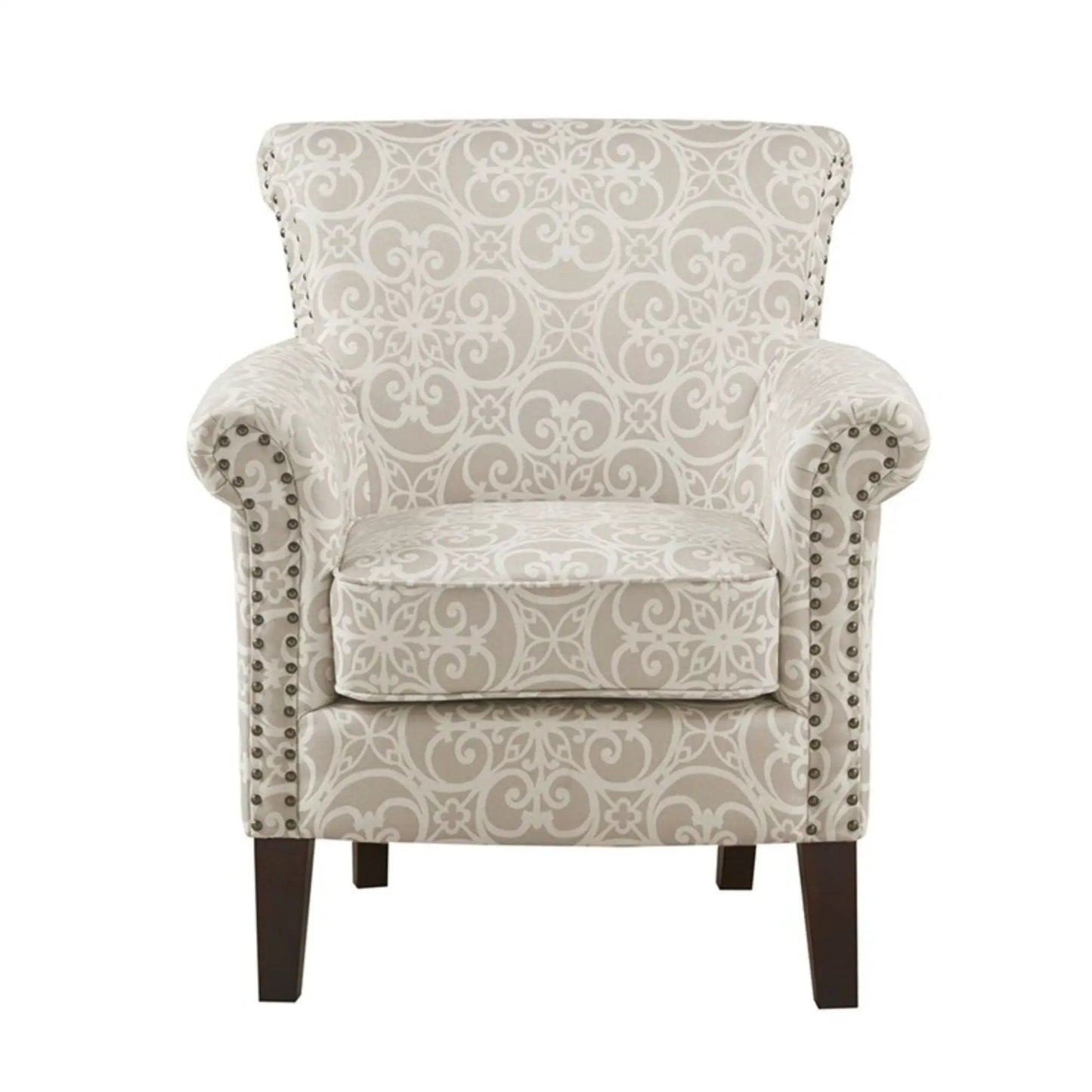 Brooke Tight Back Club Chair beige damask upholstery with nailhead trim and dark wood legs on Tampa Home & Garden Store