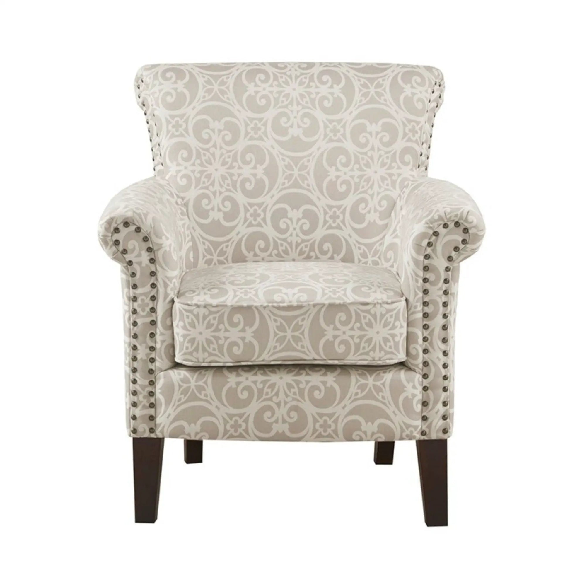 Brooke Tight Back Club Chair beige damask upholstery with nailhead trim and dark wood legs on Tampa Home & Garden Store