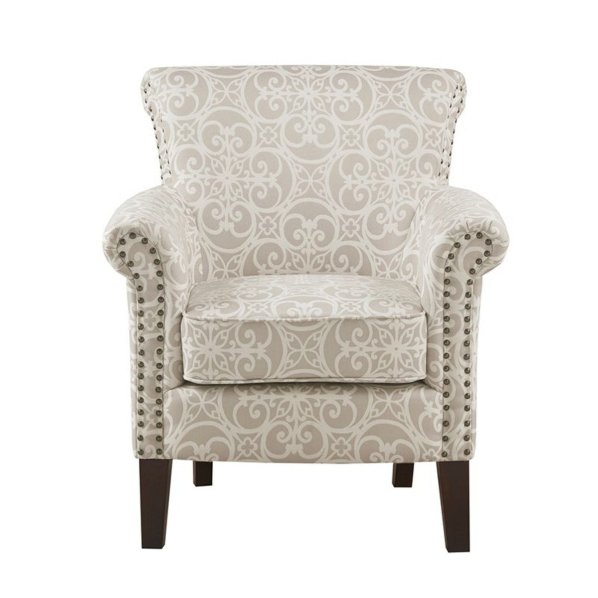 Tight-back club chair beige damask with nailhead trim and dark wood legs by HouseOfZazla on Tampa Home & Garden Store