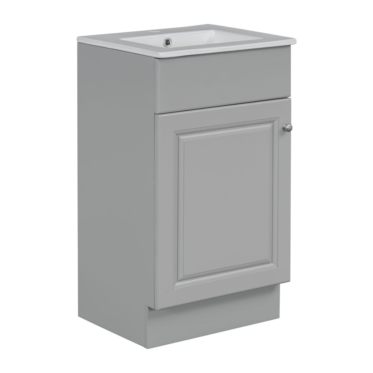 Gray bathroom vanity with white ceramic sink, simple panel cabinet door and countertop edge on Tampa Home & Garden Store