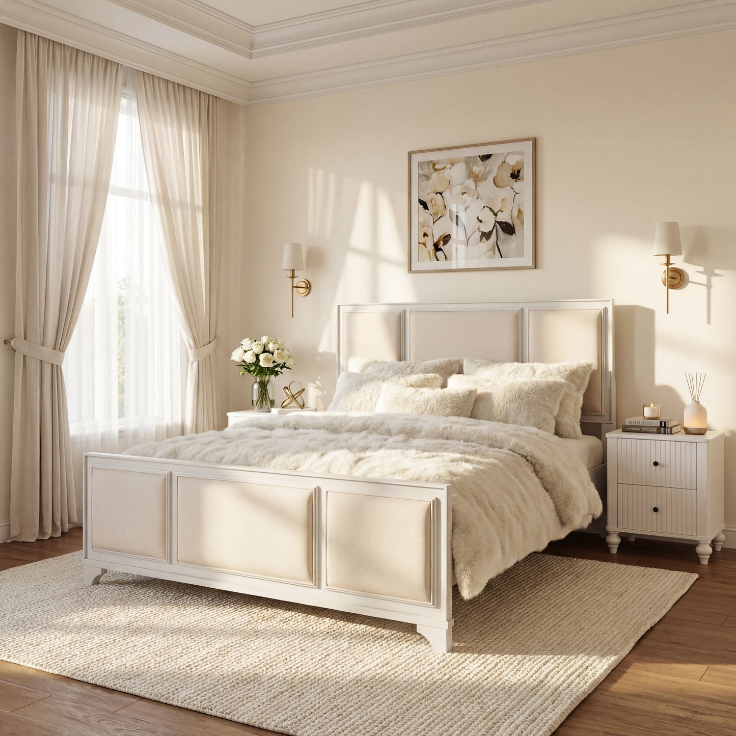 Queen Wooden Bed Frame with Upholstered Headboard