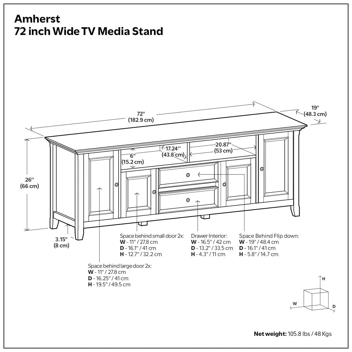 Amherst 72-inch TV stand brown finish with side cabinets and center drawers for TVs up to 80 in on Tampa Home & Garden Store