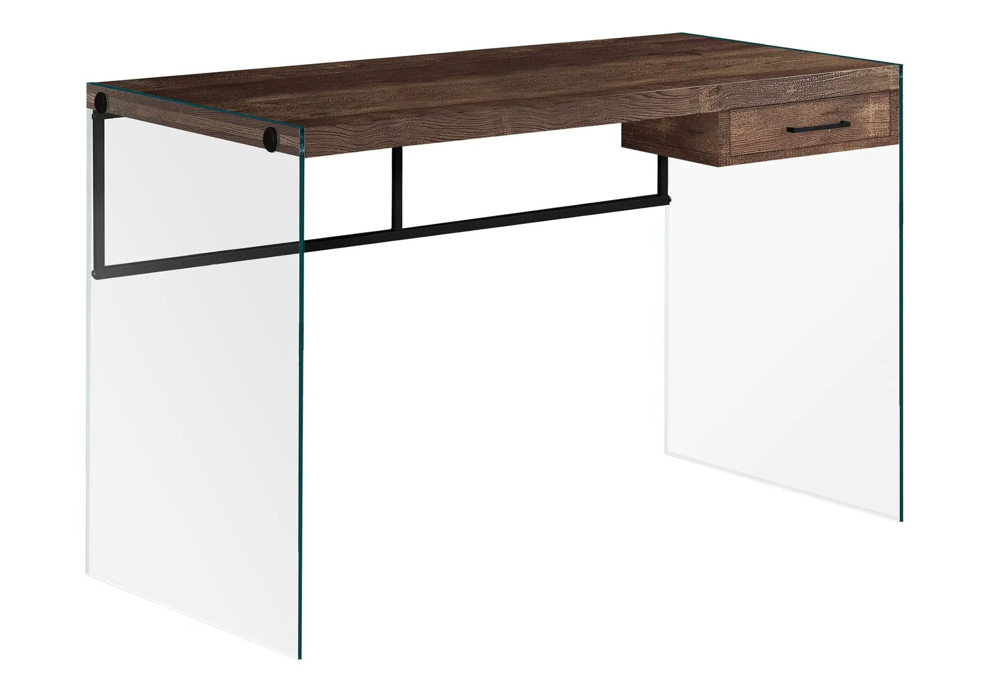 Contemporary design computer desk with wood top, glass sides, and right-side storage drawer on Tampa Home & Garden Store