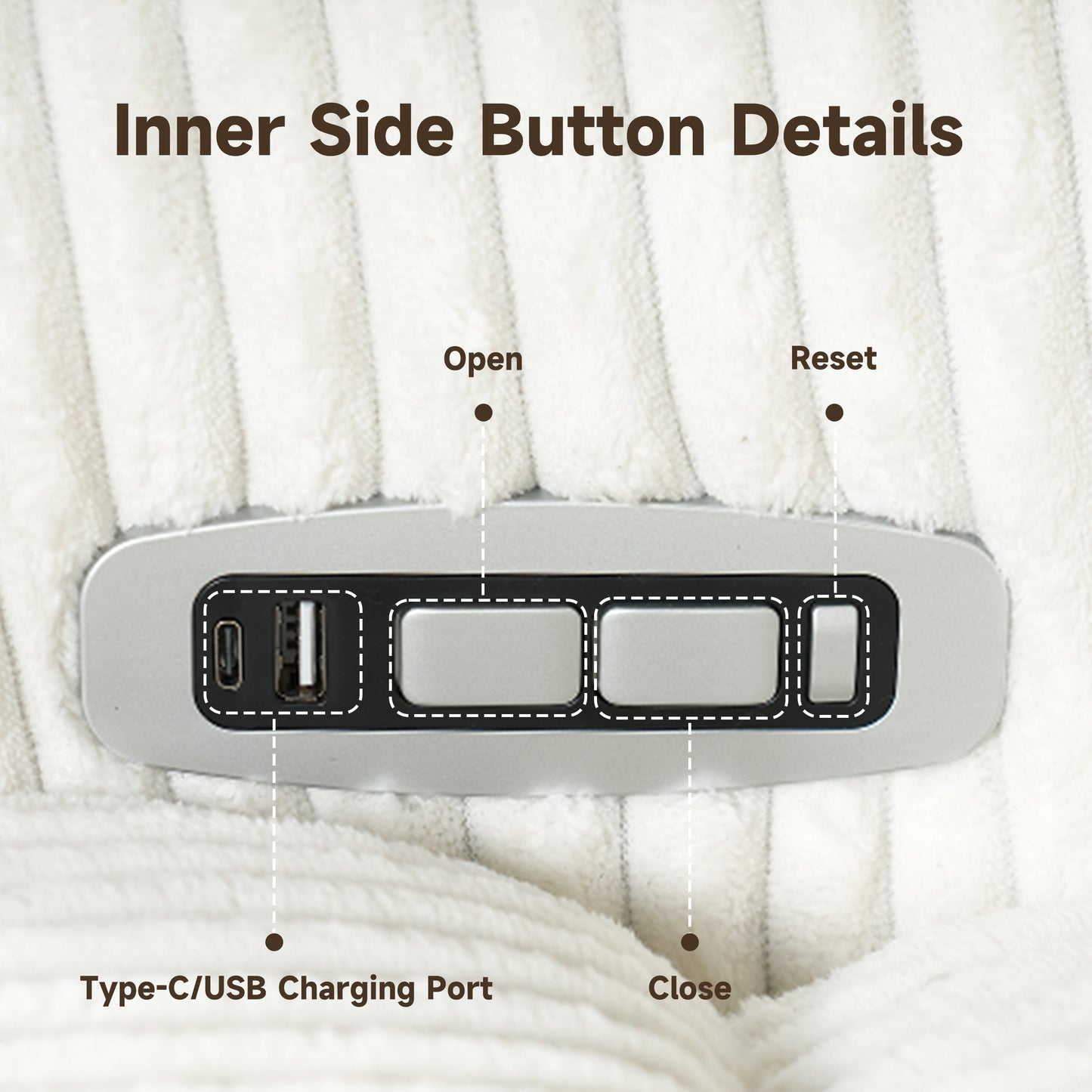 Power recliner control panel with USB-C charging port on cream tufted upholstery on Tampa Home & Garden Store