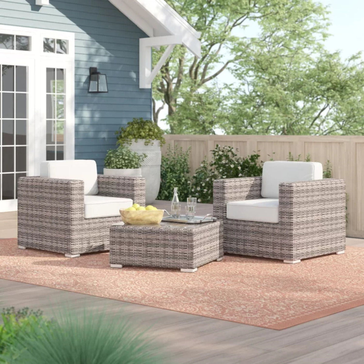 3 Piece Outdoor Seating Set with Cushions by HouseOfZazla in gray-brown wicker on Tampa Home & Garden Store