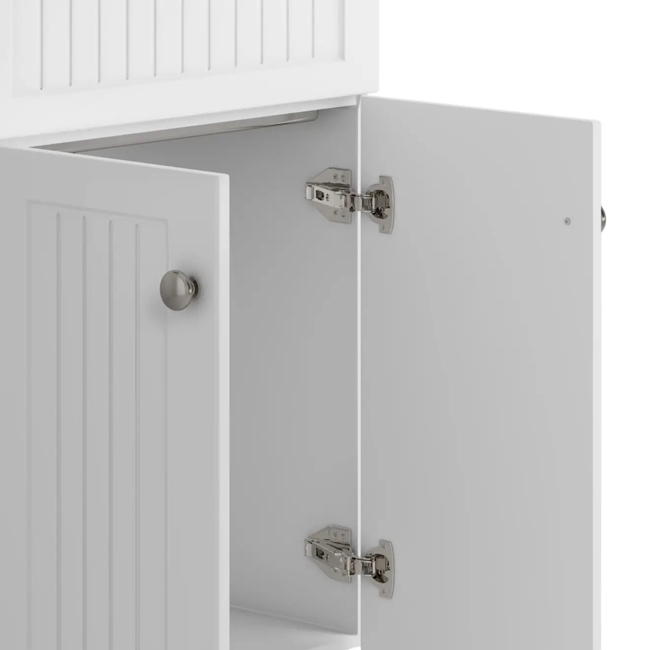Beckham white beadboard laundry cabinet with chrome knobs and hinges Unique Piece Furniture on Tampa Home & Garden Store