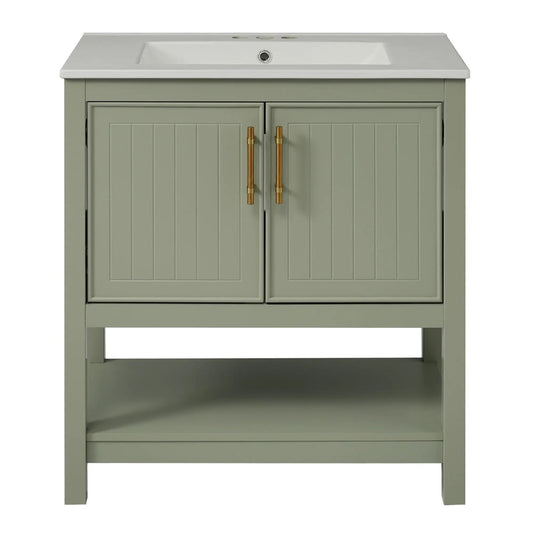 Bathroom vanity with ceramic sink, sage-green cabinet and brass handles on Tampa Home & Garden Store