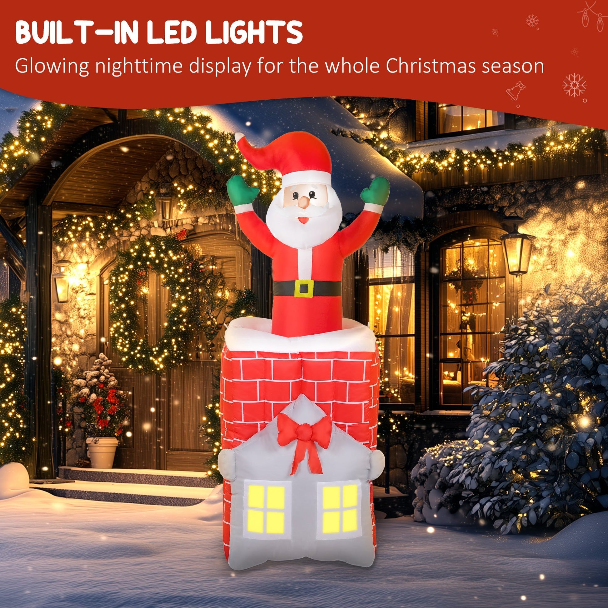 7FT Christmas Inflatable Santa in Chimney with LED Lights, red chimney with lit windows on Tampa Home & Garden Store