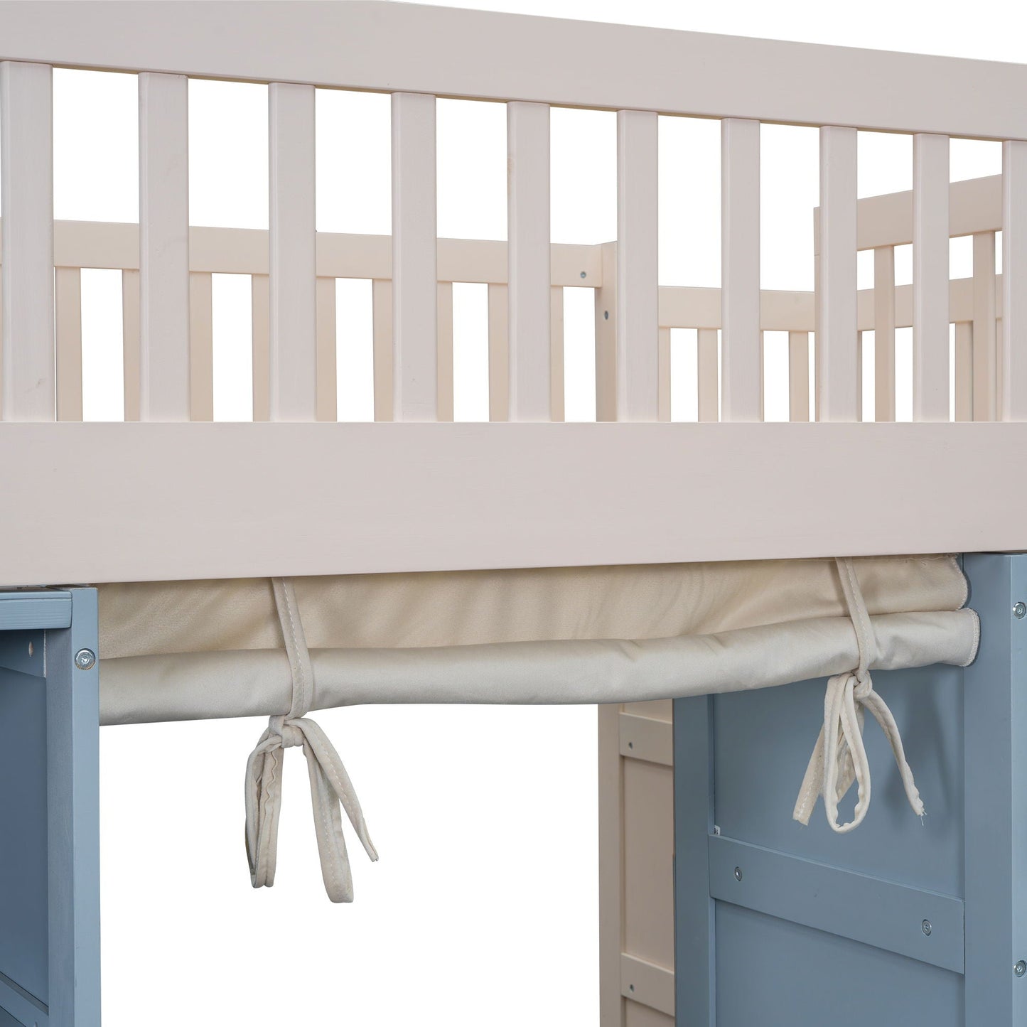 White full-size loft bed frame with vertical slats and built-in curtain by HouseOfZazla on Tampa Home & Garden Store
