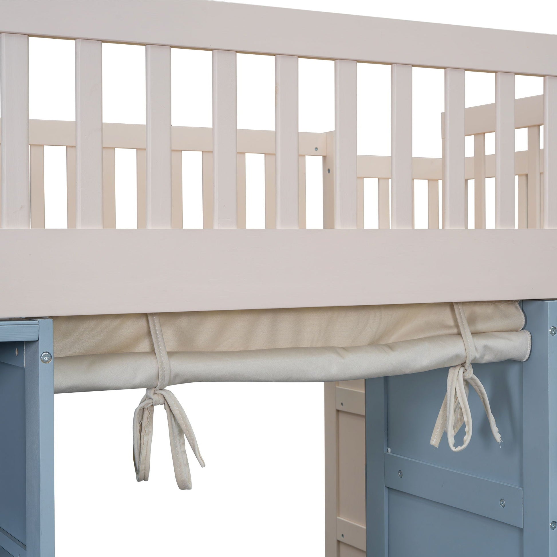 White full-size loft bed frame with vertical slats and built-in curtain by HouseOfZazla on Tampa Home & Garden Store