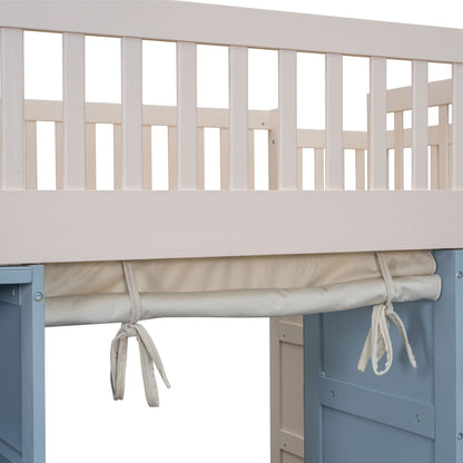 White full-size loft bed frame with vertical slats and built-in curtain by HouseOfZazla on Tampa Home & Garden Store