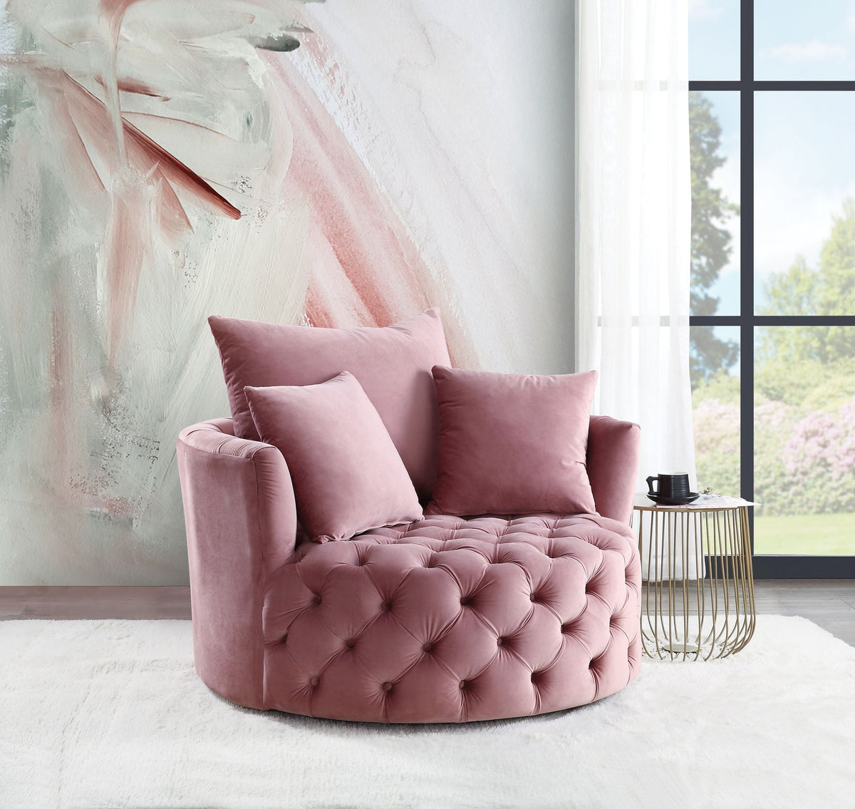 Velvet swivel accent chair pink with button tufting and rounded tufted seat on a gold wire base on Tampa Home & Garden Store