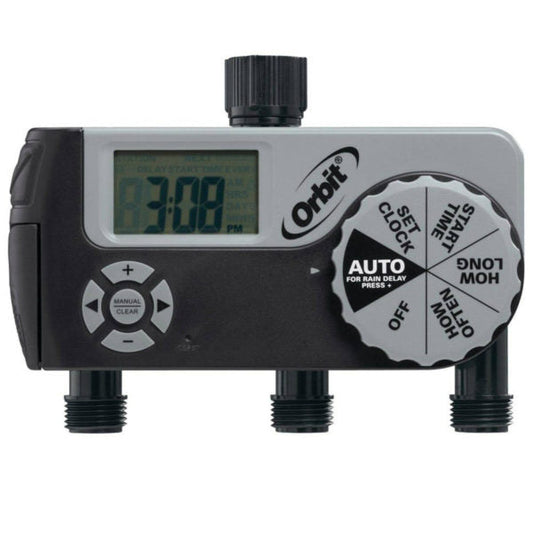 Orbit Irrigation 3-outlet hose faucet timer with digital display and manual dial on Tampa Home & Garden Store