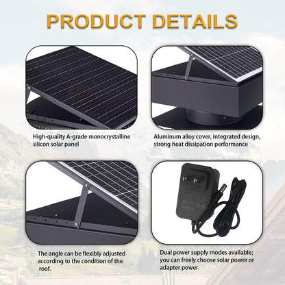 HouseOfZazla 14in square solar roof exhaust fan 60W dual power attic ventilator solar panel on Tampa Home & Garden Store