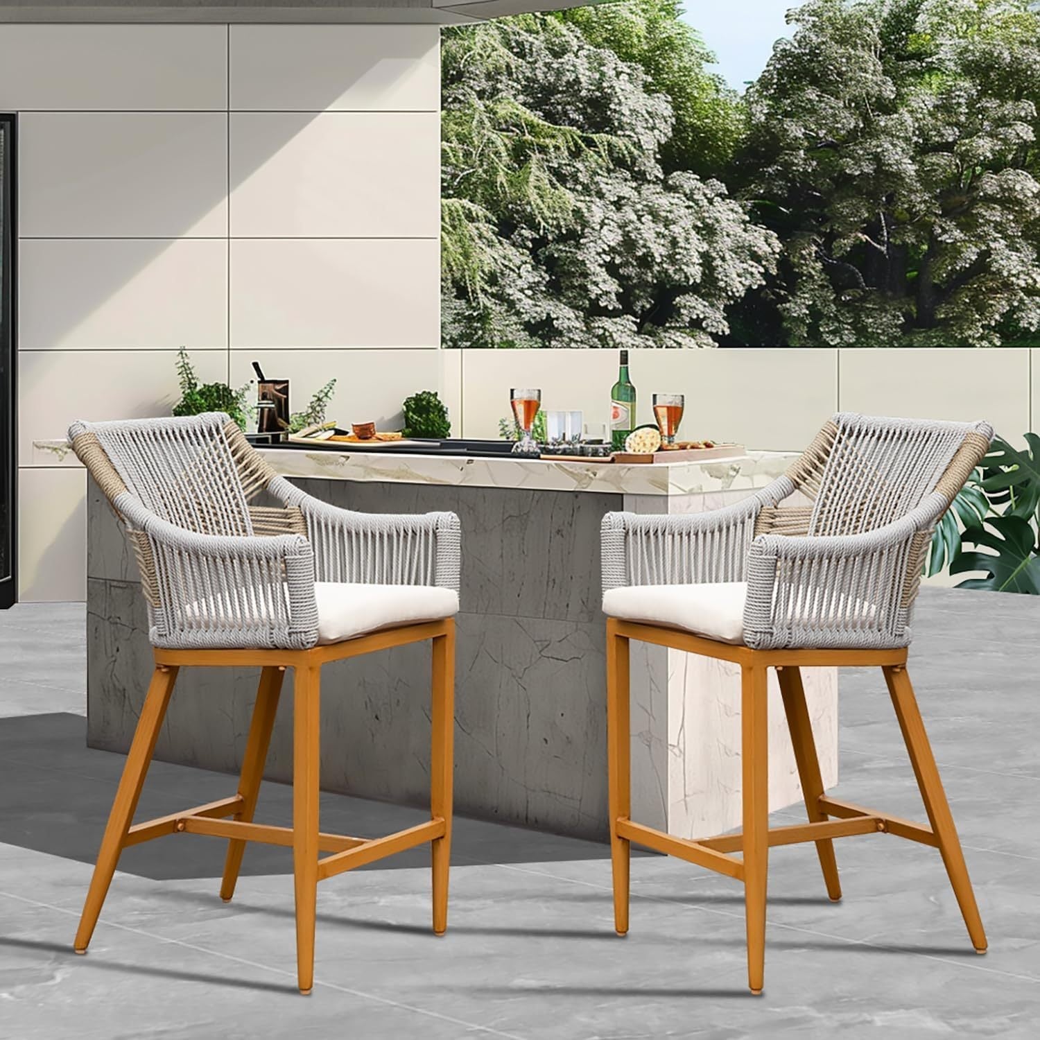 Outdoor Bar Stools 2 with arm and backrest gray woven rope seat natural wood legs HouseOfZazla on Tampa Home & Garden Store