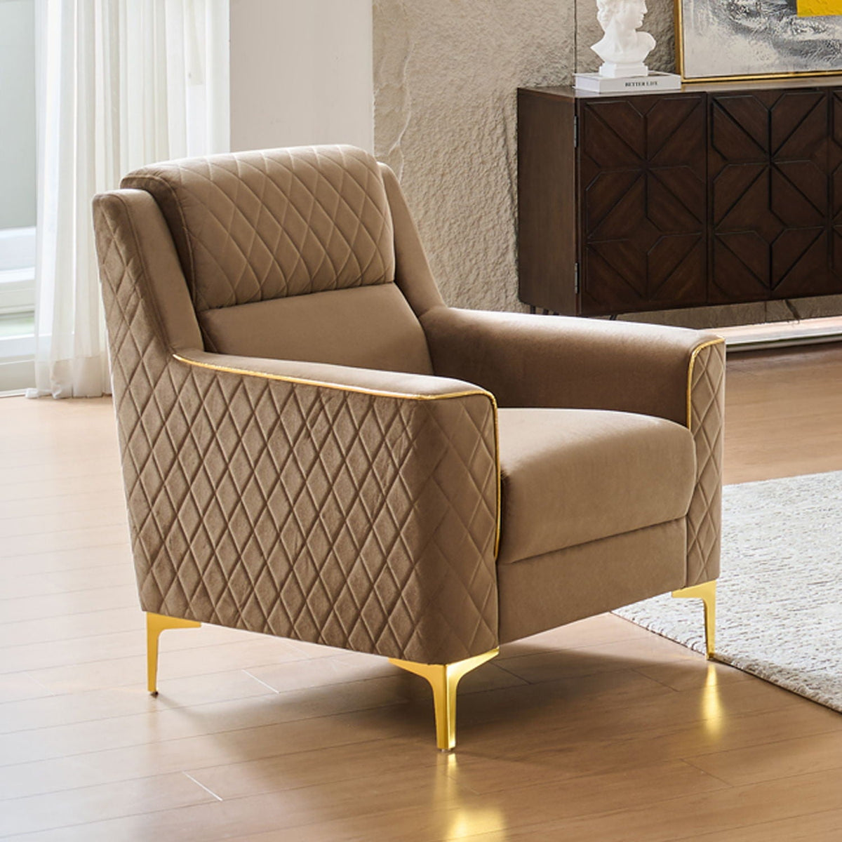 Upholstered living room chair, beige quilted fabric, gold-tone legs by HouseOfZazla on Tampa Home & Garden Store